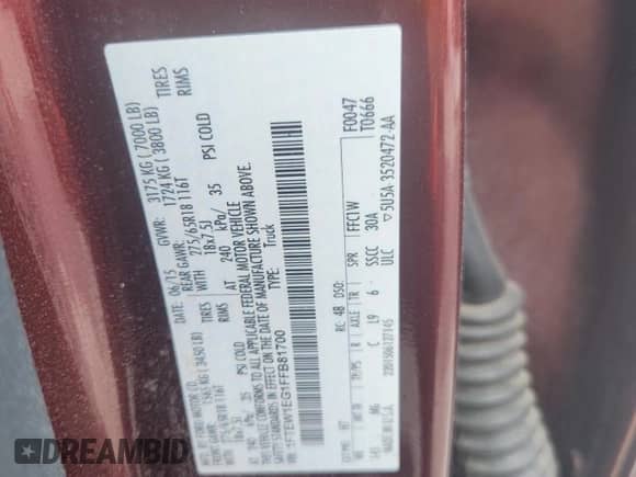 2015 Ford F-150 Platinum с VIN 1FTEW1EG1FFB81700, выставлен на аукционе Copart как лот 66143495 с пробегом 157 575 миль миль и Списание • Salvage title. История ставок и продаж доступна на DreamBid. Изображение 12.