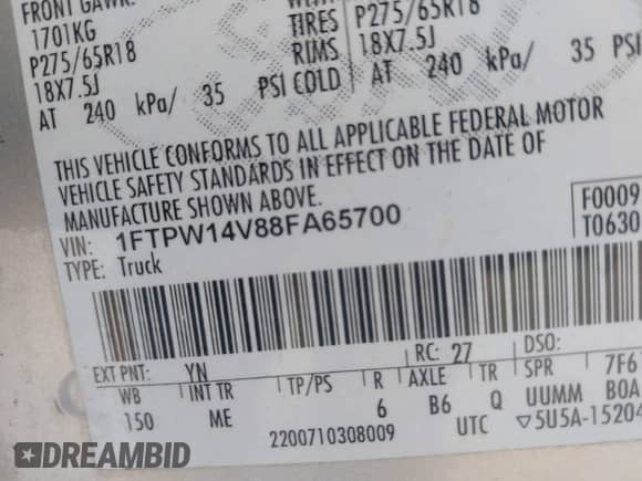 2008 Ford F-150 XLT с VIN 1FTPW14V88FA65700, выставлен на аукционе IAAI как лот 42204460 с пробегом 109 230 миль миль и . История ставок и продаж доступна на DreamBid. Изображение 9.