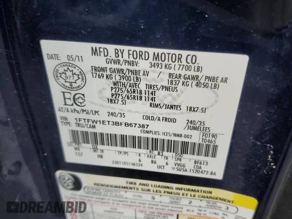 2011 Ford F-150 Lariat with VIN 1FTFW1ET3BFB67387, listed as a Copart auction lot 89565665 with 201,973 mi miles and Salvage title. Bid and sale history available at DreamBid. Image 12.