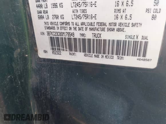 1995 Dodge 2500 with VIN 3B7KC23C8SM179549, listed as a IAAI auction lot 42246328 with 257,911 mi miles and . Bid and sale history available at DreamBid. Image 9.