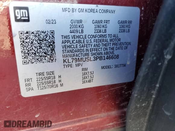 2023 Chevrolet TrailBlazer RS with VIN KL79MUSL3PB146608, listed as a Copart auction lot 81586195 with 23,631 mi miles and Salvage title. Bid and sale history available at DreamBid. Image 12.