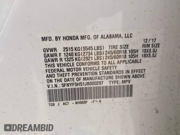 2018 Honda Pilot EX-L z VIN 5FNYF5H51JB000297, wystawiony jako IAAI lot #42807626 z przebiegiem 103 380 mil mil oraz . Historia ofert i sprzedaży dostępna na DreamBid. Obrazek 9.