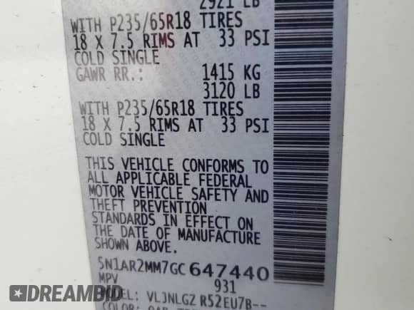 2016 Nissan Pathfinder Platinum with VIN 5N1AR2MM7GC647440, listed as a Copart auction lot 66742085 with 79,978 mi miles and Clean title. Bid and sale history available at DreamBid. Image 13.