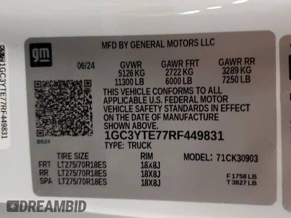2024 Chevrolet Silverado 3500 with VIN 1GC3YTE77RF449831, listed as a Copart auction lot 68363605 with 8,509 mi miles and Salvage title. Bid and sale history available at DreamBid. Image 12.