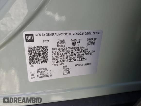 2025 Chevrolet Equinox AWD ACTIV with VIN 3GNAXSEG1SL122252, listed as a Copart auction lot 64373195 with 7,386 mi miles and Salvage title. Bid and sale history available at DreamBid. Image 13.