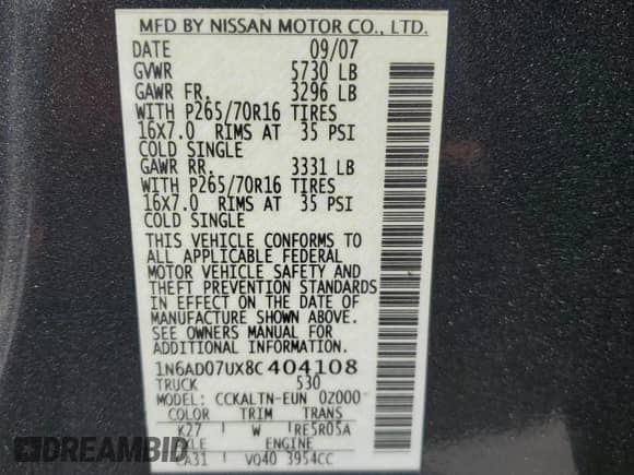 2008 Nissan Frontier SE with VIN 1N6AD07UX8C404108, listed as a Copart auction lot 67398105 with 170,332 mi miles and Salvage title. Bid and sale history available at DreamBid. Image 13.