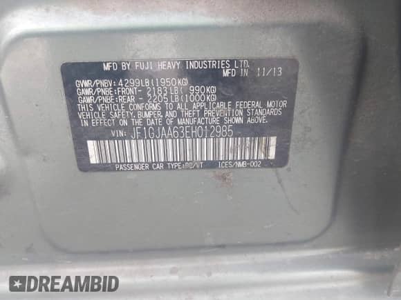 2014 Subaru Impreza with VIN JF1GJAA63EH012985, listed as a IAAI auction lot 42958690 with 202,550 mi miles and . Bid and sale history available at DreamBid. Image 9.