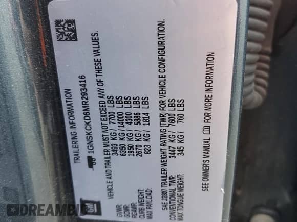 2021 Chevrolet Suburban LT с VIN 1GNSKCKD6MR293416, выставлен на аукционе Copart как лот 68144835 с пробегом 86 422 миль миль и Списание • Salvage title. История ставок и продаж доступна на DreamBid. Изображение 13.