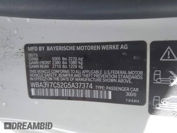 2016 BMW 4 Series 435i xDrive with VIN WBA3T7C52G5A37374, listed as a IAAI auction lot 41583597 with Not provided miles and . Bid and sale history available at DreamBid. Image 9.