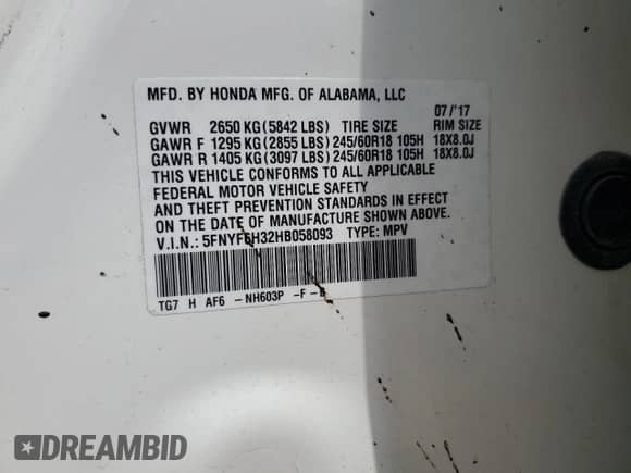 2017 Honda Pilot EX with VIN 5FNYF6H32HB058093, listed as a Copart auction lot 70226885 with 207,003 mi miles and Salvage title. Bid and sale history available at DreamBid. Image 13.