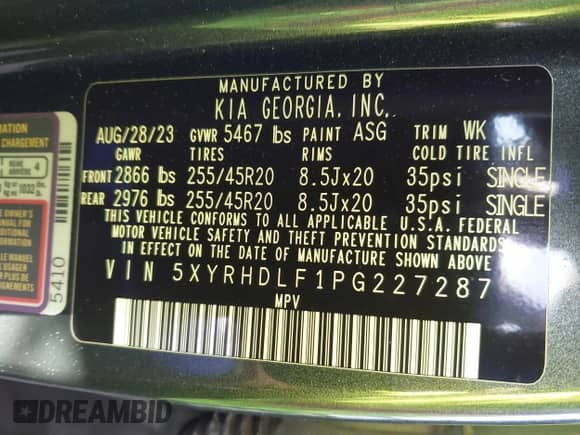 2023 Kia Sorento X-Line EX with VIN 5XYRHDLF1PG227287, listed as a IAAI auction lot 41645604 with 12,694 mi miles and . Bid and sale history available at DreamBid. Image 9.