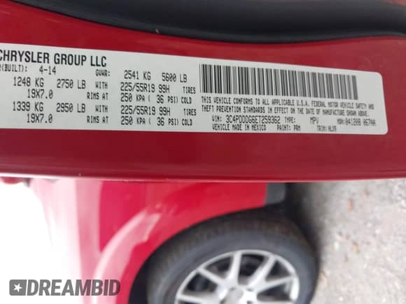 2014 Dodge Journey Limited with VIN 3C4PDDDG6ET259362, listed as a IAAI auction lot 43045644 with 155,319 mi miles and . Bid and sale history available at DreamBid. Image 9.