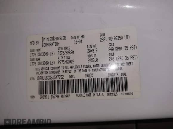 2005 Dodge 1500 SLT z VIN 1D7HU16DX5J547792, wystawiony jako IAAI lot #41609415 z przebiegiem 209 063 mil mil oraz . Historia ofert i sprzedaży dostępna na DreamBid. Obrazek 9.