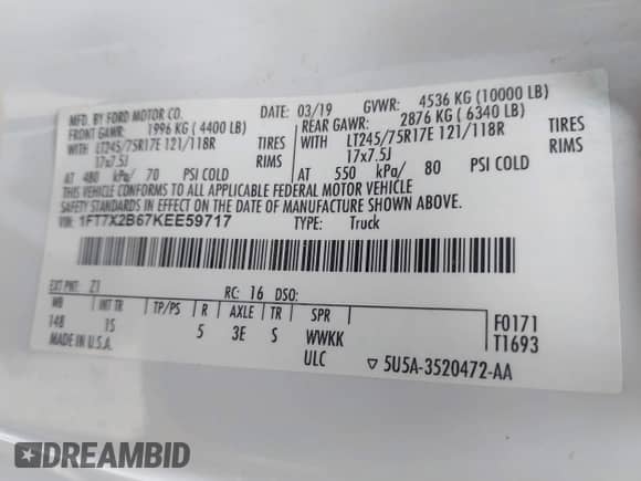 2019 Ford F-250 XL z VIN 1FT7X2B67KEE59717, wystawiony jako IAAI lot #42919060 z przebiegiem Nie podano mil oraz . Historia ofert i sprzedaży dostępna na DreamBid. Obrazek 8.