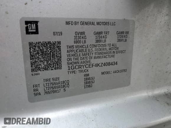 2019 Chevrolet Silverado 1500 Custom Trail Boss with VIN 1GCRYCEF4KZ408434, listed as a Copart auction lot 59362475 with 39,155 mi miles and Salvage title. Bid and sale history available at DreamBid. Image 12.