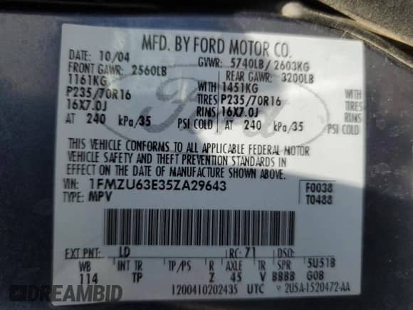 2005 Ford Explorer XLT with VIN 1FMZU63E35ZA29643, listed as a Copart auction lot 58956045 with 144,518 mi miles and Salvage title. Bid and sale history available at DreamBid. Image 13.