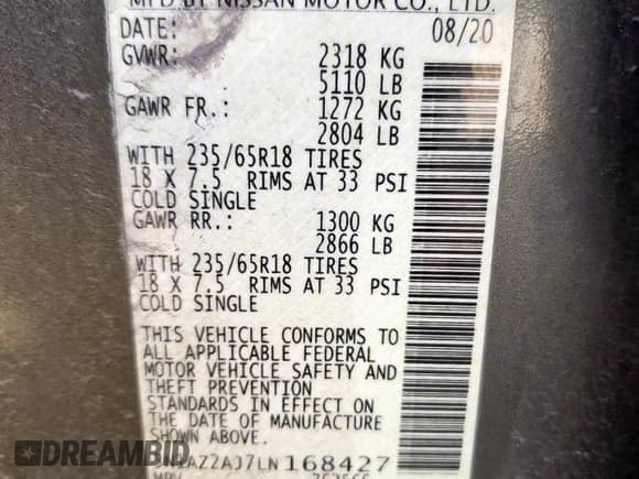 2020 Nissan Murano S with VIN 5N1AZ2AJ7LN168427, listed as a Copart auction lot 84743975 with 139,510 mi miles and Salvage title. Bid and sale history available at DreamBid. Image 13.