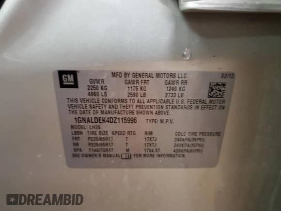 2013 Chevrolet Equinox LT z VIN 1GNALDEK4DZ115996, wystawiony jako Copart lot #81789725 z przebiegiem 134 895 mil mil oraz Szkoda całkowita • Salvage title. Historia ofert i sprzedaży dostępna na DreamBid. Obrazek 13.