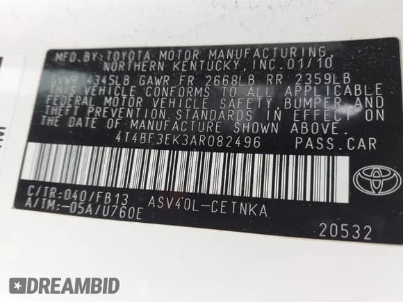 2010 Toyota Camry LE z VIN 4T4BF3EK3AR082496, wystawiony jako IAAI lot #43354048 z przebiegiem 144 942 mil mil oraz . Historia ofert i sprzedaży dostępna na DreamBid. Obrazek 9.