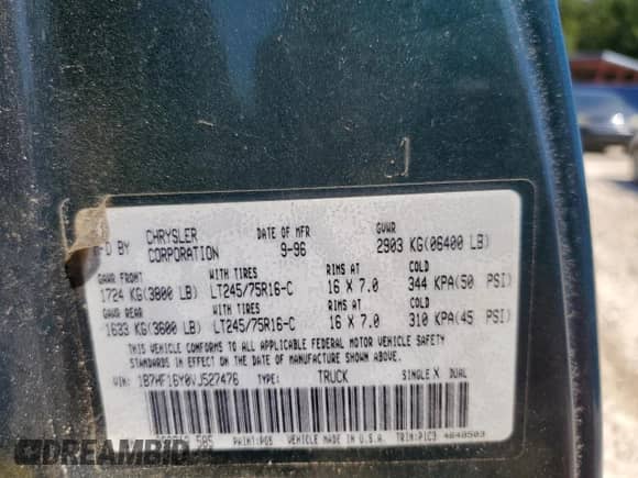 1997 Dodge 1500 с VIN 1B7HF16Y0VJ527476, выставлен на аукционе Copart как лот 70545225 с пробегом 124 644 миль миль и Списание • Salvage title. История ставок и продаж доступна на DreamBid. Изображение 12.