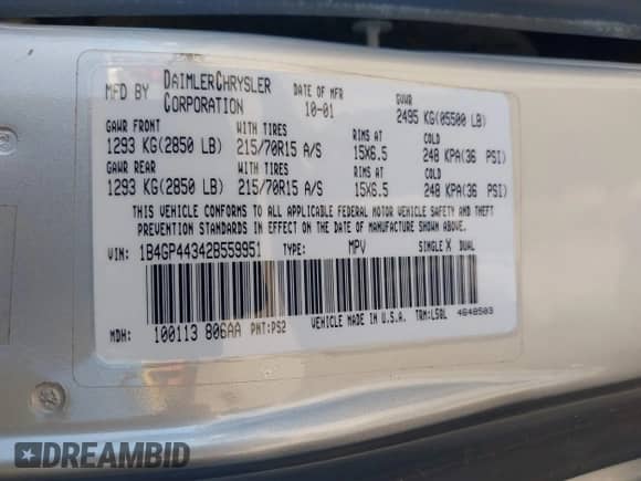 2002 Dodge Caravan Sport with VIN 1B4GP44342B559951, listed as a IAAI auction lot 42943618 with 132,533 mi miles and . Bid and sale history available at DreamBid. Image 9.