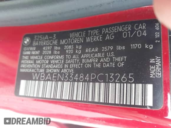 2004 BMW 3 Series 325i with VIN WBAEN33484PC13265, listed as a IAAI auction lot 43352495 with 175,475 mi miles and . Bid and sale history available at DreamBid. Image 9.