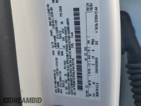 2020 Ford F-150 XL with VIN 1FTEW1CPXLFA15710, listed as a Copart auction lot 61944055 with 98,561 mi miles and Salvage title. Bid and sale history available at DreamBid. Image 12.