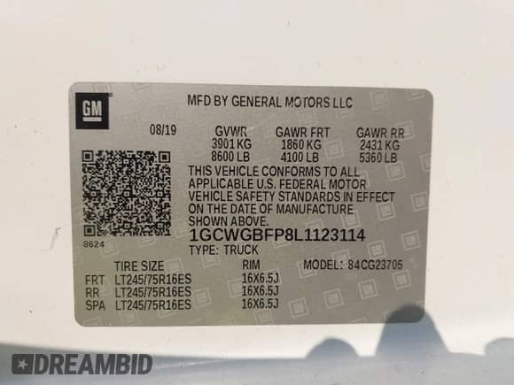 2020 Chevrolet Express Cargo with VIN 1GCWGBFP8L1123114, listed as a IAAI auction lot 43013804 with Not provided miles and . Bid and sale history available at DreamBid. Image 9.