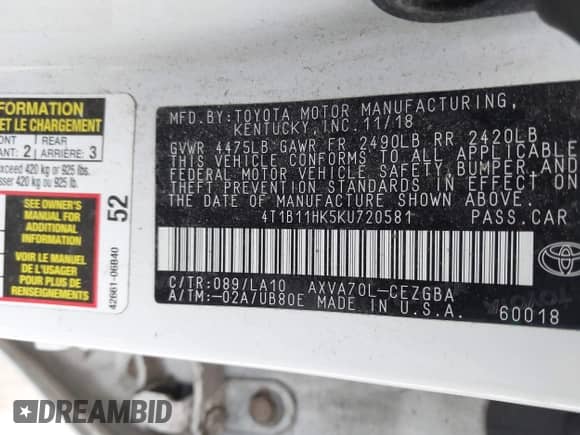 2019 Toyota Camry SE z VIN 4T1B11HK5KU720581, wystawiony jako IAAI lot #42300818 z przebiegiem 136 779 mil mil oraz . Historia ofert i sprzedaży dostępna na DreamBid. Obrazek 9.