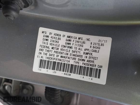 2017 Honda Accord EX-L with VIN 1HGCR3F87HA022134, listed as a IAAI auction lot 43220965 with 104,705 mi miles and . Bid and sale history available at DreamBid. Image 9.