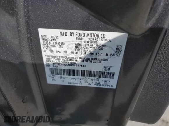 2012 Ford F-150 XL с VIN 1FTEX1CMXCKE37552, выставлен на аукционе Copart как лот 84991985 с пробегом 234 505 миль миль и Чистый • Clean title. История ставок и продаж доступна на DreamBid. Изображение 12.