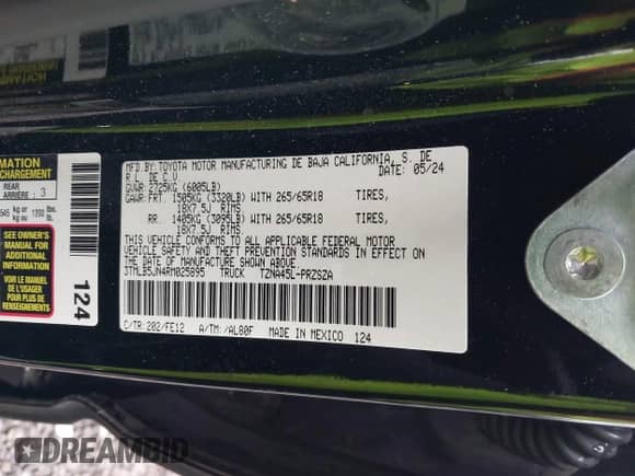 2024 Toyota Tacoma SR5 z VIN 3TMLB5JN4RM025895, wystawiony jako IAAI lot #42309915 z przebiegiem 23 530 mil mil oraz . Historia ofert i sprzedaży dostępna na DreamBid. Obrazek 9.