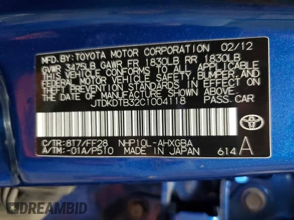 2012 Toyota Prius One with VIN JTDKDTB32C1004118, listed as a Copart auction lot 71178115 with 130,467 mi miles and Salvage title. Bid and sale history available at DreamBid. Image 13.