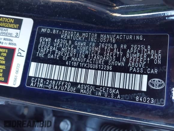 2016 Toyota Camry SE with VIN 4T1BF1FK3GU613296, listed as a IAAI auction lot 43379055 with 109,666 mi miles and . Bid and sale history available at DreamBid. Image 9.