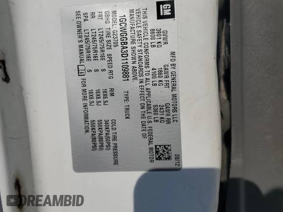 2013 Chevrolet Express Cargo with VIN 1GCWGGBA3D1109881, listed as a Copart auction lot 47881525 with Not provided miles and Clean title. Bid and sale history available at DreamBid. Image 13.