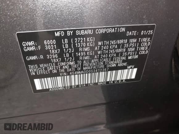 2025 Subaru Ascent Premium с VIN 4S4WMADD0S3412367, выставлен на аукционе IAAI как лот 43201528 с пробегом 5 871 миль миль и . История ставок и продаж доступна на DreamBid. Изображение 9.