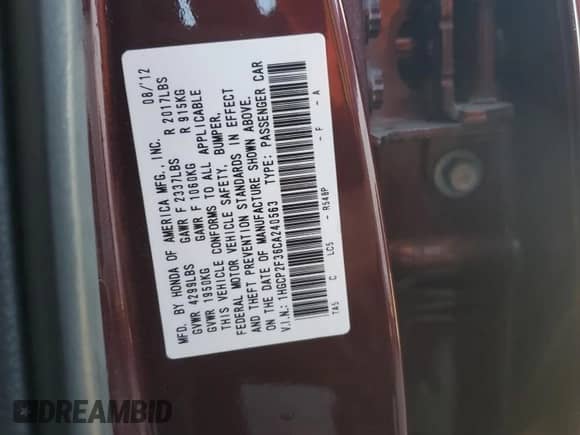 2012 Honda Accord LX с VIN 1HGCP2F36CA240563, выставлен на аукционе Copart как лот 86533405 с пробегом 115 365 миль миль и Списание • Salvage title. История ставок и продаж доступна на DreamBid. Изображение 12.