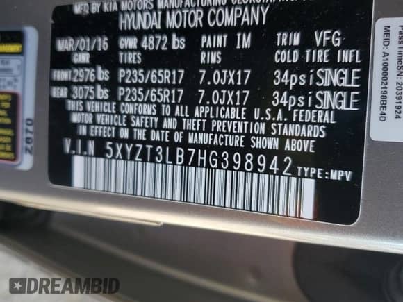 2017 Hyundai Santa Fe 2.4L z VIN 5XYZT3LB7HG398942, wystawiony jako Copart lot #80103055 z przebiegiem 99 203 mil mil oraz Czysty tytuł • Clean title. Historia ofert i sprzedaży dostępna na DreamBid. Obrazek 12.