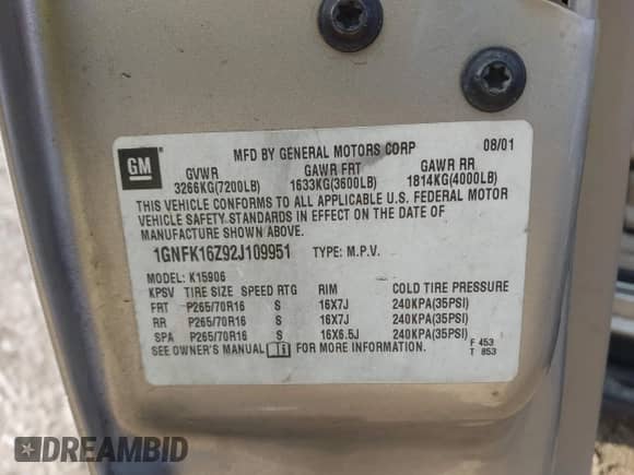 2002 Chevrolet Suburban LS with VIN 1GNFK16Z92J109951, listed as a IAAI auction lot 41685362 with 312,140 mi miles and . Bid and sale history available at DreamBid. Image 9.