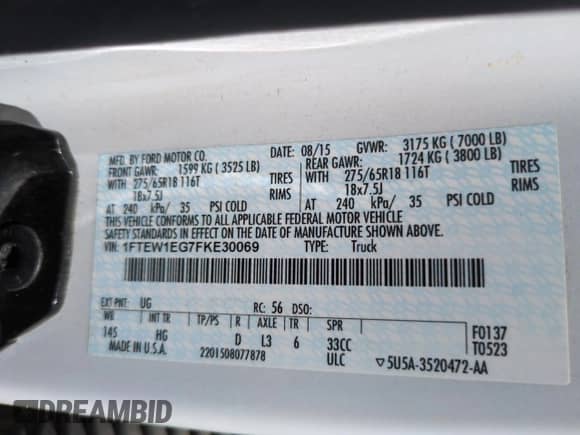 2015 Ford F-150 XLT с VIN 1FTEW1EG7FKE30069, выставлен на аукционе Copart как лот 68039295 с пробегом 156 627 миль миль и Списание • Salvage title. История ставок и продаж доступна на DreamBid. Изображение 12.