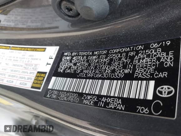 2019 Toyota Prius LE с VIN JTDL9RFU6K3010339, выставлен на аукционе IAAI как лот 42510791 с пробегом 9 084 миль миль и . История ставок и продаж доступна на DreamBid. Изображение 9.