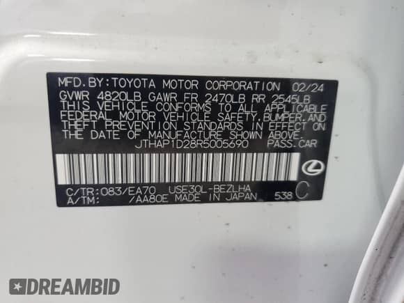 2024 Lexus IS 500 F Sport Performance z VIN JTHAP1D28R5005690, wystawiony jako Copart lot #66609614 z przebiegiem 632 mil mil oraz Czysty tytuł • Clean title. Historia ofert i sprzedaży dostępna na DreamBid. Obrazek 12.