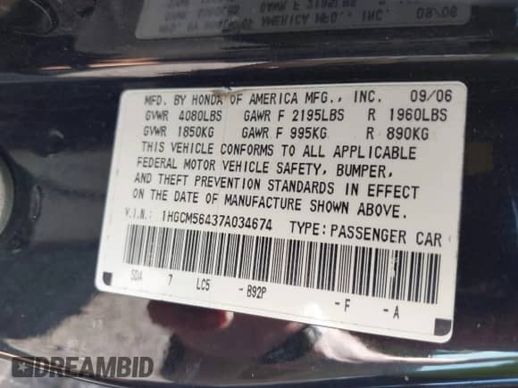 2007 Honda Accord LX с VIN 1HGCM56437A034674, выставлен на аукционе IAAI как лот 43165786 с пробегом 132 753 миль миль и . История ставок и продаж доступна на DreamBid. Изображение 9.