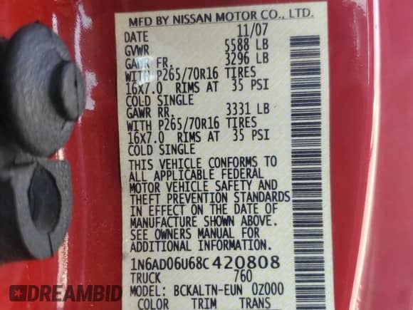 2008 Nissan Frontier SE with VIN 1N6AD06U68C420808, listed as a Copart auction lot 67015735 with 127,219 mi miles and Salvage title. Bid and sale history available at DreamBid. Image 13.