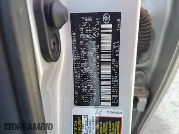 2012 Toyota Camry SE с VIN 4T1BF1FKXCU023350, выставлен на аукционе Copart как лот 84034095 с пробегом 169 785 миль миль и Списание • Salvage title. История ставок и продаж доступна на DreamBid. Изображение 12.