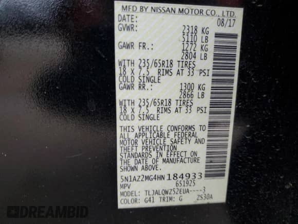 2017 Nissan Murano SV с VIN 5N1AZ2MG4HN184933, выставлен на аукционе Copart как лот 55835245 с пробегом 128 957 миль миль и Списание • Salvage title. История ставок и продаж доступна на DreamBid. Изображение 14.