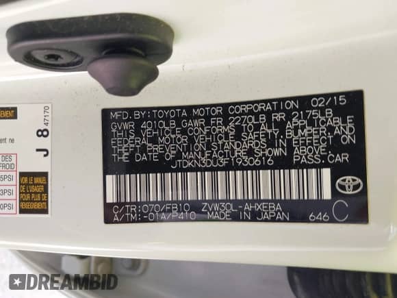 2015 Toyota Prius Four z VIN JTDKN3DU3F1930616, wystawiony jako IAAI lot #43283870 z przebiegiem Nie podano mil oraz . Historia ofert i sprzedaży dostępna na DreamBid. Obrazek 9.