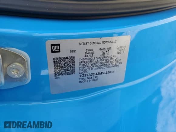 2021 Chevrolet Corvette 1LT with VIN 1G1YA3D43M5115014, listed as a Copart auction lot 57224815 with 48,498 mi miles and Salvage title. Bid and sale history available at DreamBid. Image 12.