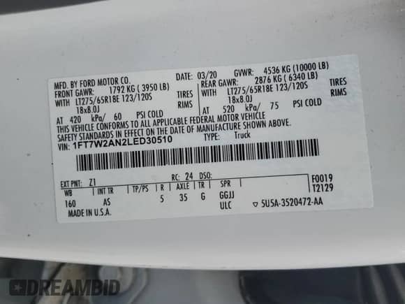 2020 Ford F-250 z VIN 1FT7W2AN2LED30510, wystawiony jako Copart lot #80070224 z przebiegiem Nie podano mil oraz Nie do naprawy • Non repairable. Historia ofert i sprzedaży dostępna na DreamBid. Obrazek 12.