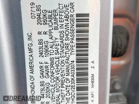 2019 Honda Accord Sport with VIN 1HGCV2E30KA033074, listed as a Copart auction lot 59763995 with 130,434 mi miles and Salvage title. Bid and sale history available at DreamBid. Image 12.